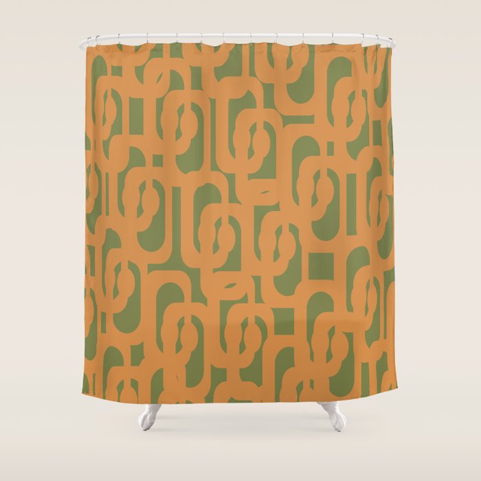 Mid Century Modern Loop Pattern in Retro Cantaloupe Orange and Olive Green Shower Curtain Gallery Image 1