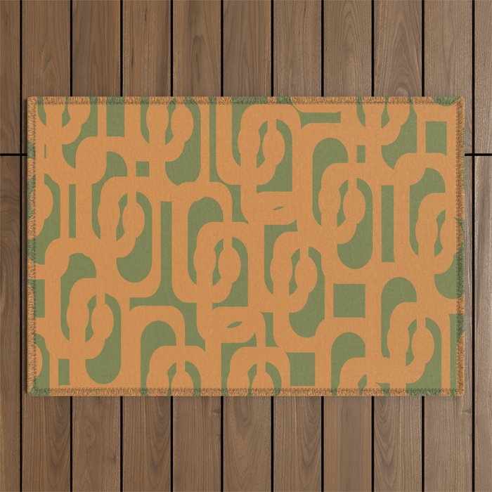 Mid Century Modern Loop Pattern in Retro Cantaloupe Orange and Olive Green Outdoor Rug Gallery Image 1