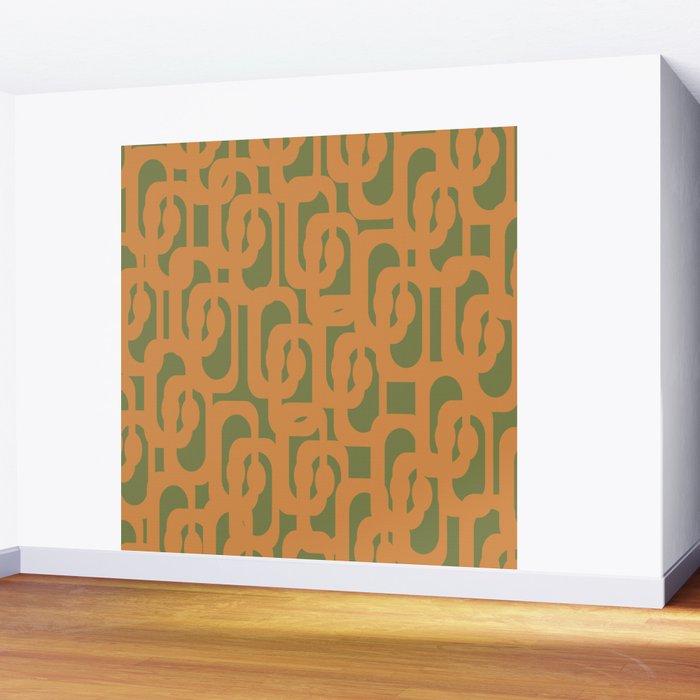 Mid Century Modern Loop Pattern in Retro Cantaloupe Orange and Olive Green Wall Mural Gallery Image 2