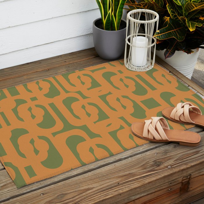 Mid Century Modern Loop Pattern in Retro Cantaloupe Orange and Olive Green Outdoor Rug Gallery Image 2