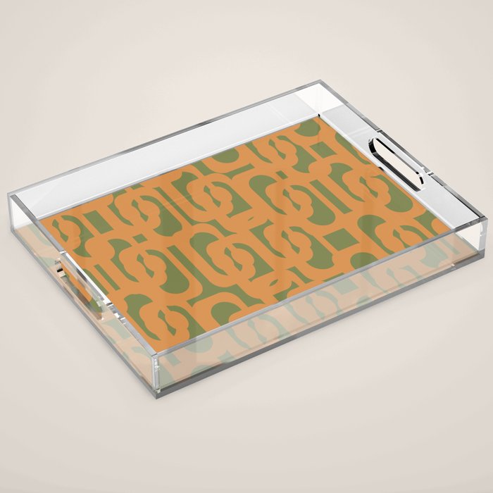 Mid Century Modern Loop Pattern in Retro Cantaloupe Orange and Olive Green Acrylic Tray Gallery Image 1