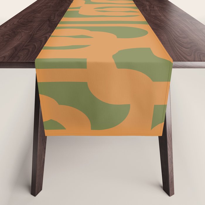 Mid Century Modern Loop Pattern in Retro Cantaloupe Orange and Olive Green Table Runner Gallery Image 1