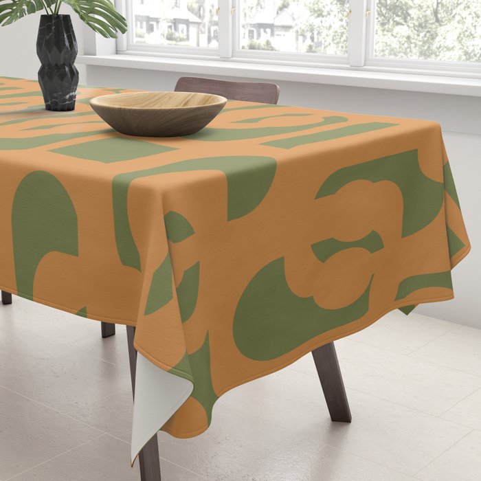 Mid Century Modern Loop Pattern in Retro Cantaloupe Orange and Olive Green Tablecloth Gallery Image 3