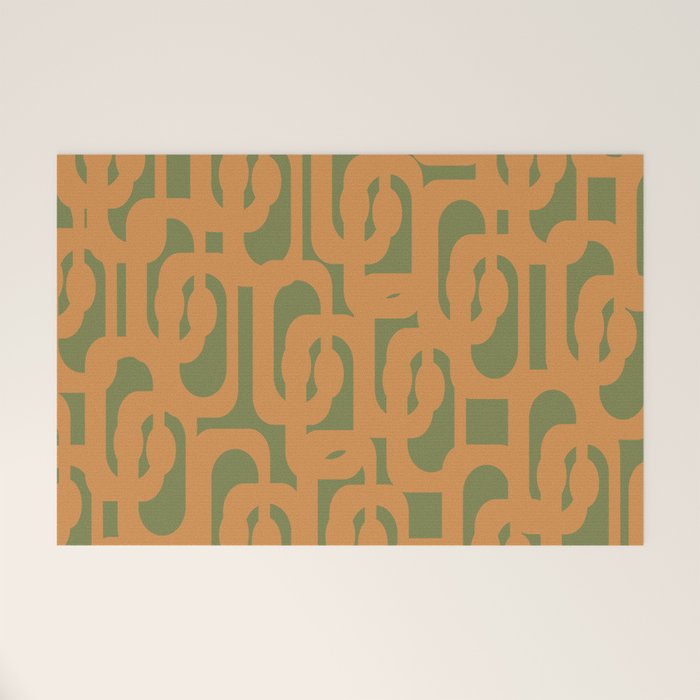 Mid Century Modern Loop Pattern in Retro Cantaloupe Orange and Olive Green Welcome Mat Gallery Image 1