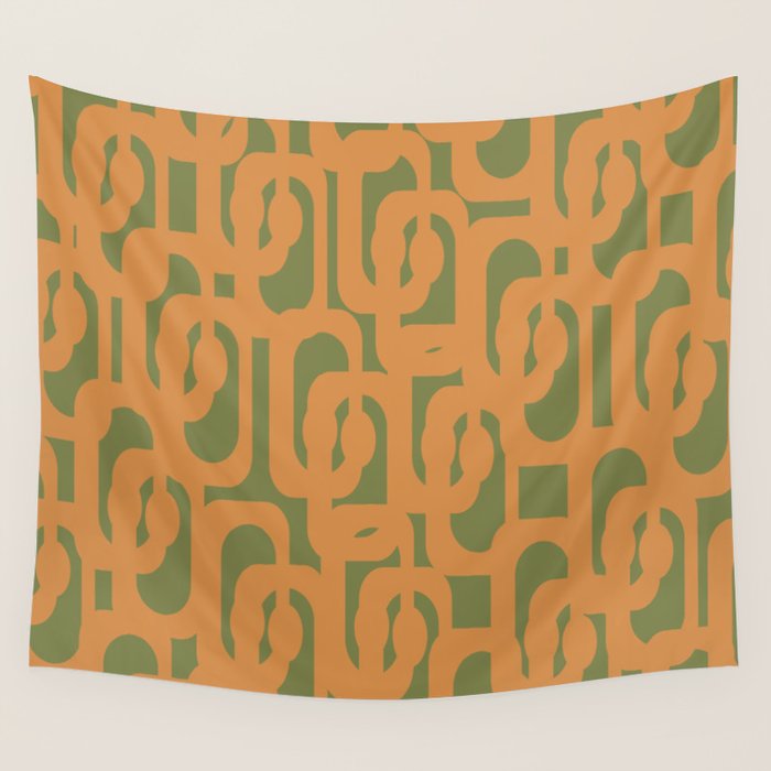 Mid Century Modern Loop Pattern in Retro Cantaloupe Orange and Olive Green Wall Tapestry Gallery Image 4