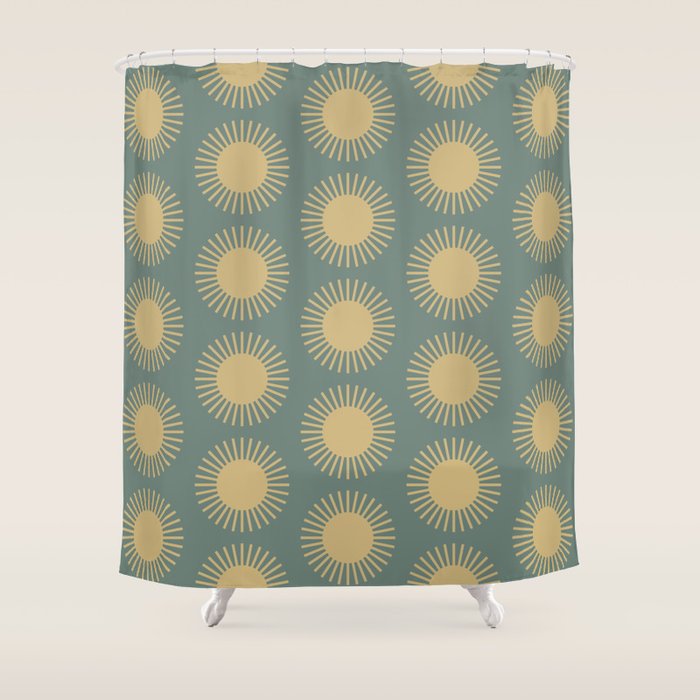 Boho Summer Sun Pattern XVI Neutral Earthy Sage Yellow Shower Curtain Gallery Image 1