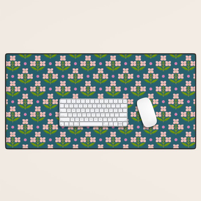 Retro Pink Floral Bunches - Green Pattern Desk Mat Gallery Image 1