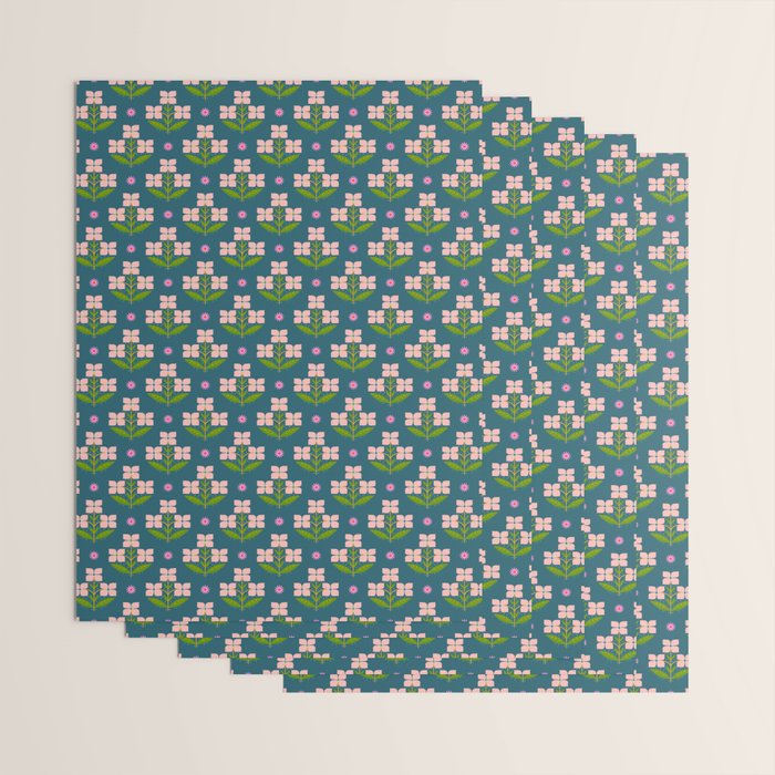 Retro Pink Floral Bunches - Green Pattern Wrapping Paper Gallery Image 3
