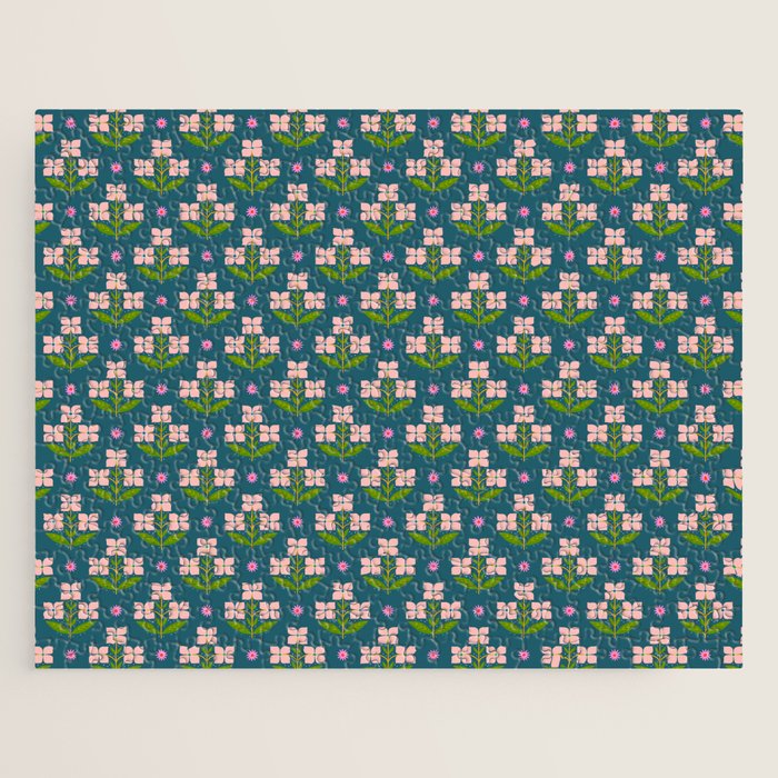 Retro Pink Floral Bunches - Green Pattern Jigsaw Puzzle Gallery Image 1