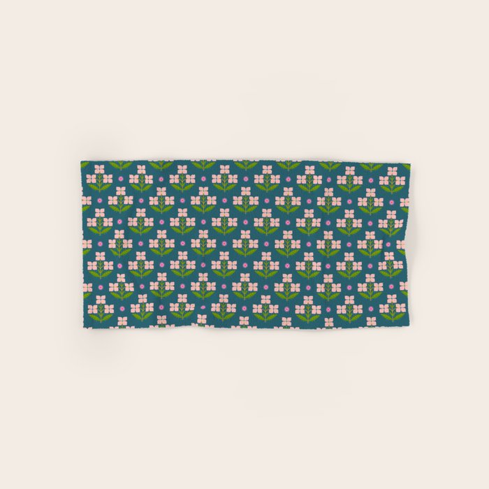 Retro Pink Floral Bunches - Green Pattern Bath Towel Gallery Image 1
