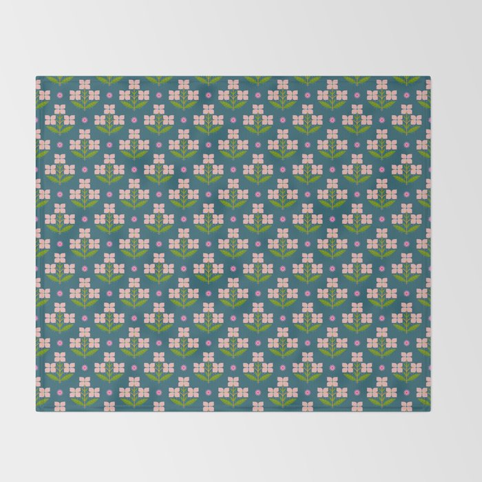 Retro Pink Floral Bunches - Green Pattern Throw Blanket Gallery Image 2