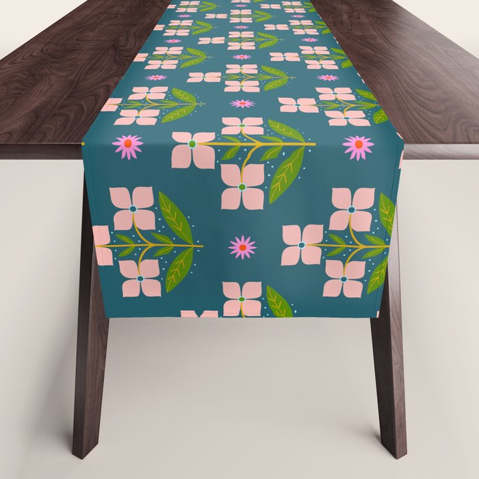 Retro Pink Floral Bunches - Green Pattern Table Runner Gallery Image 1