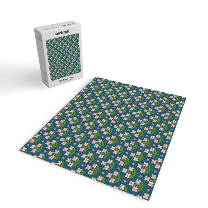 Retro Pink Floral Bunches - Green Pattern Jigsaw Puzzle Gallery Image 2