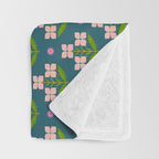 Retro Pink Floral Bunches - Green Pattern Throw Blanket Gallery Image 3
