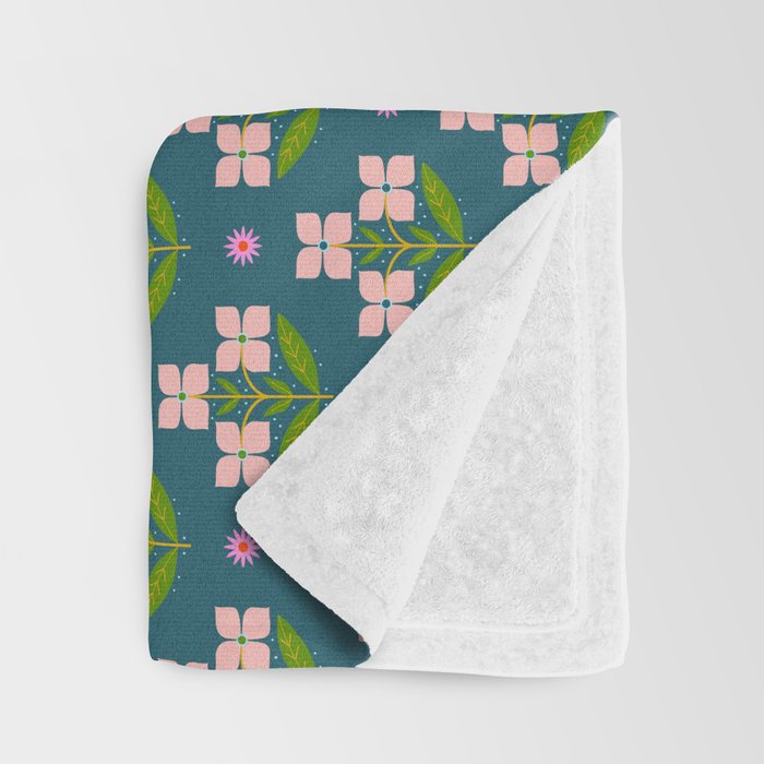 Retro Pink Floral Bunches - Green Pattern Throw Blanket Gallery Image 3