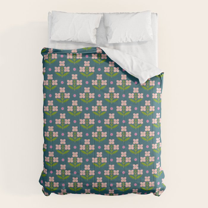 Retro Pink Floral Bunches - Green Pattern Comforter Gallery Image 6