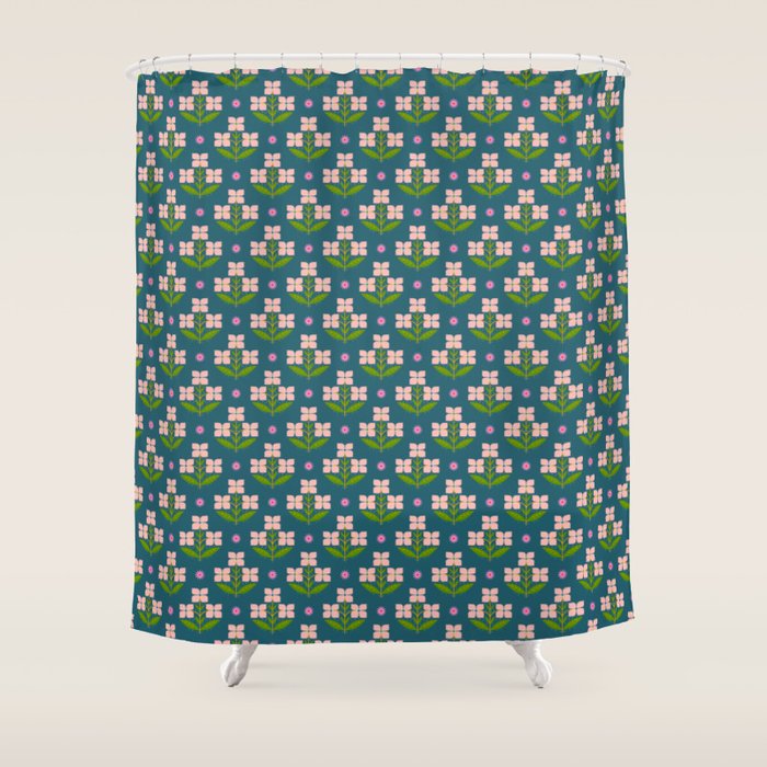 Retro Pink Floral Bunches - Green Pattern Shower Curtain Gallery Image 1