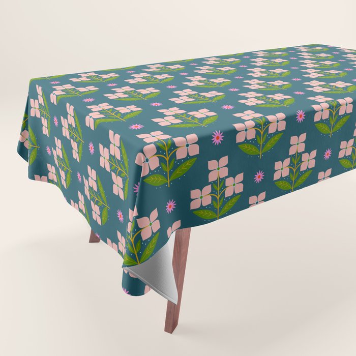 Retro Pink Floral Bunches - Green Pattern Tablecloth Gallery Image 1
