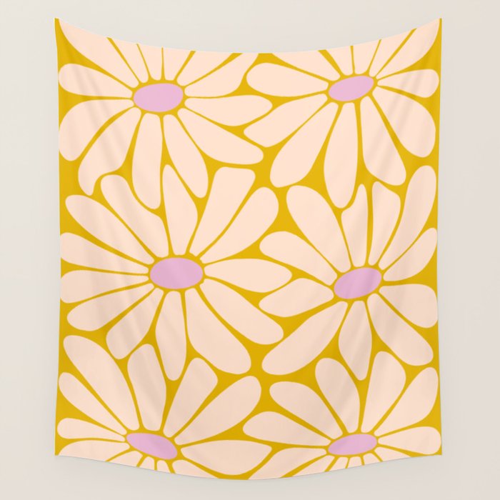 Big Daisy - Groovy Flower - Yellow, Pink and Off-white Wall Tapestry Gallery Image 4