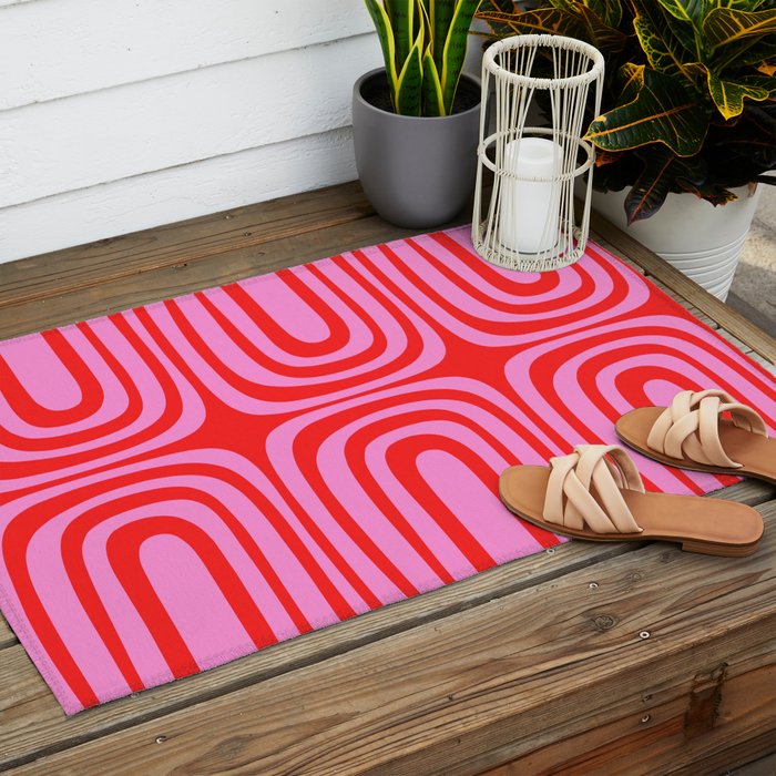 Preppy Pink and Red Abstract Confaab Pattern Outdoor Rug Gallery Image 2