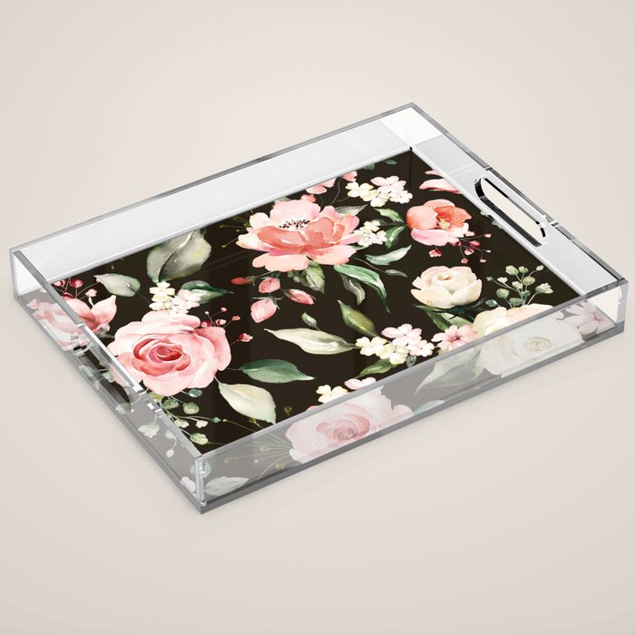 Pink & White Roses On Black Background Watercolor Painting Floral Pattern Acrylic Tray Gallery Image 1