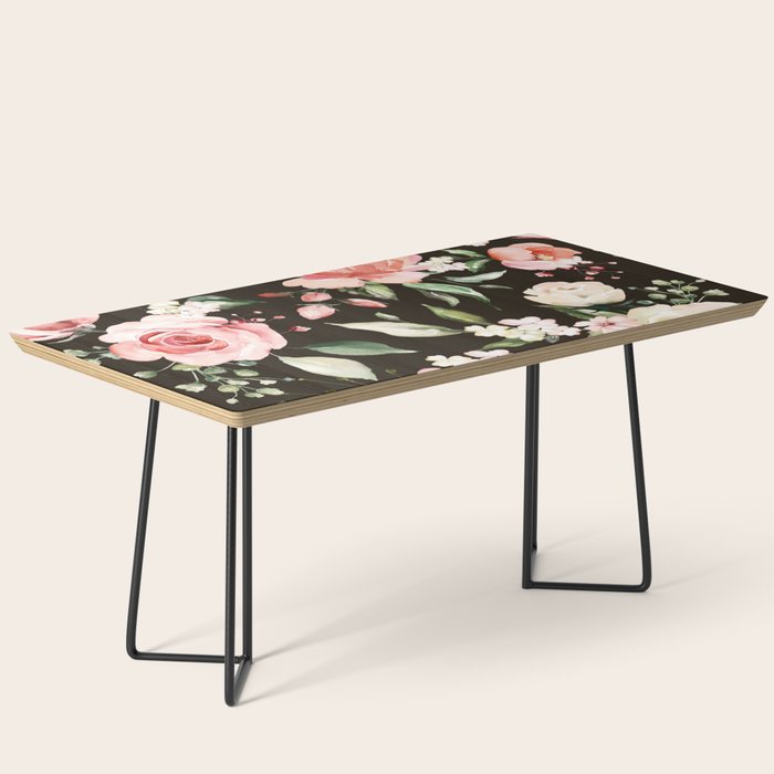 Pink & White Roses On Black Background Watercolor Painting Floral Pattern Coffee Table Gallery Image 1