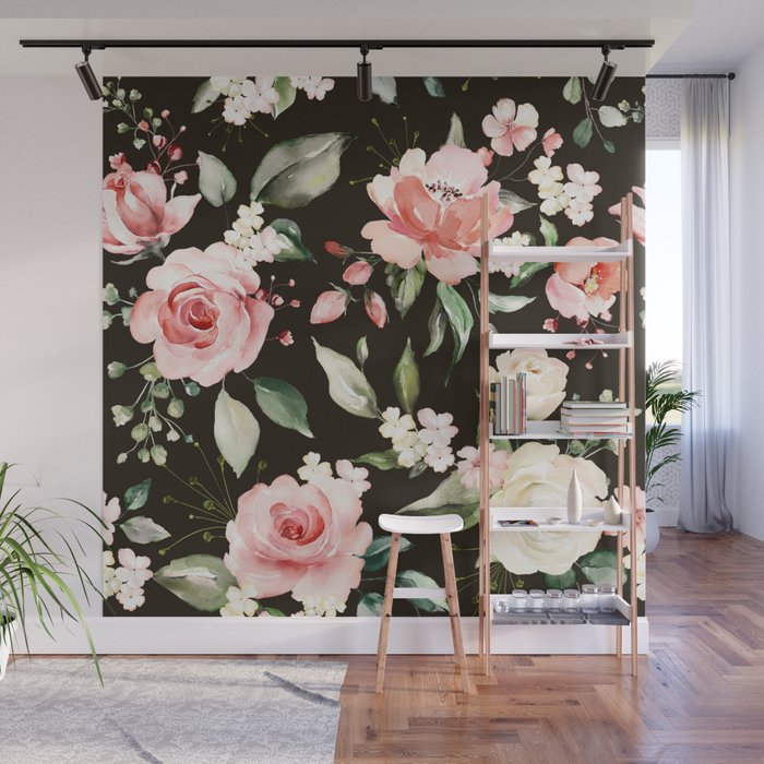 Pink & White Roses On Black Background Watercolor Painting Floral Pattern Wall Mural Gallery Image 1