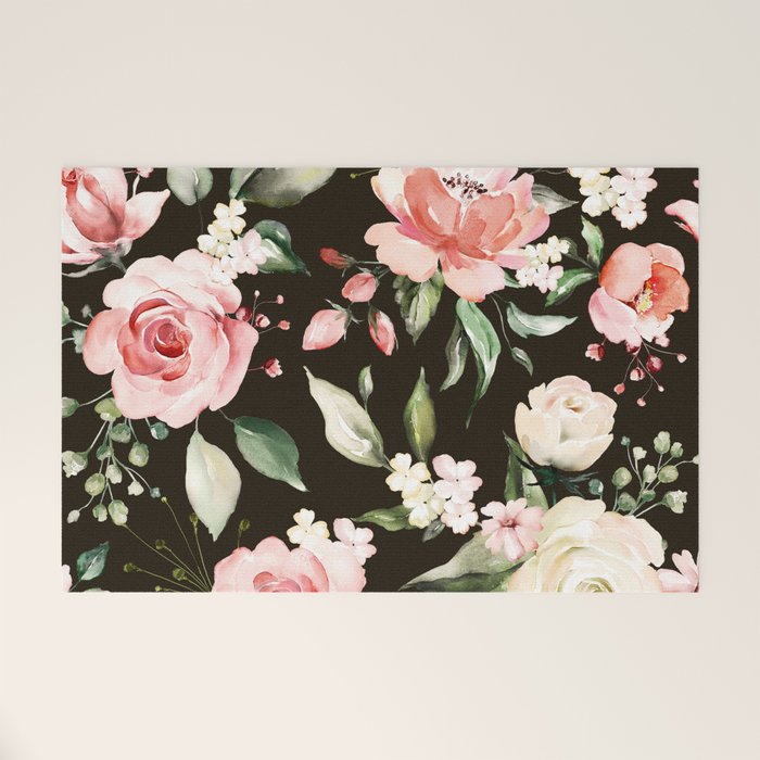 Pink & White Roses On Black Background Watercolor Painting Floral Pattern Welcome Mat Gallery Image 1