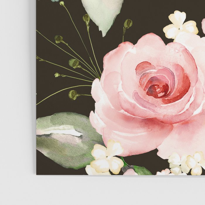 Pink & White Roses On Black Background Watercolor Painting Floral Pattern Poster Gallery Image 3