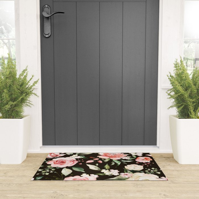 Pink & White Roses On Black Background Watercolor Painting Floral Pattern Welcome Mat Gallery Image 3