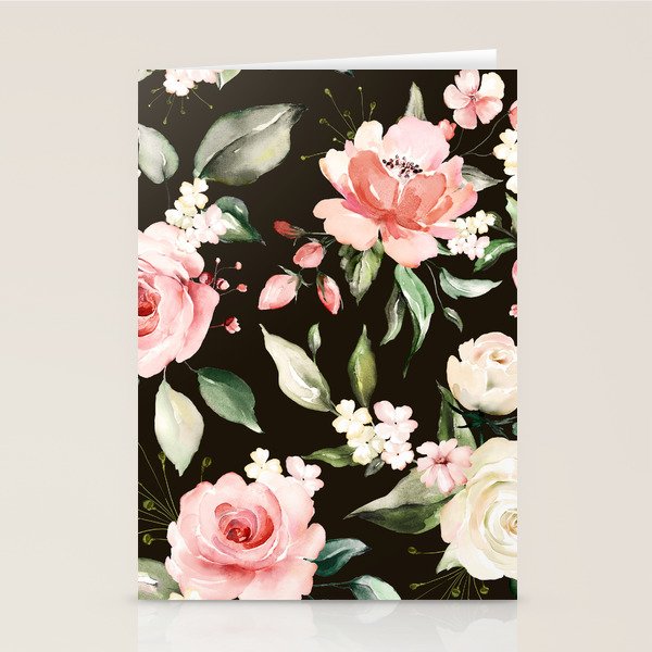 Pink & White Roses On Black Background Watercolor Painting Floral Pattern Stationery Card Gallery Image 1