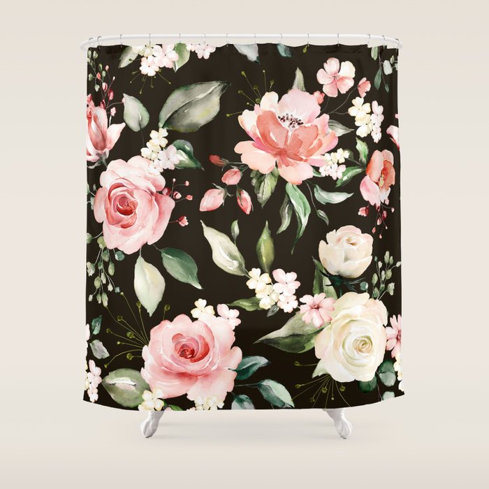 Pink & White Roses On Black Background Watercolor Painting Floral Pattern Shower Curtain Gallery Image 1