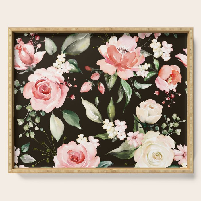 Pink & White Roses On Black Background Watercolor Painting Floral Pattern Serving Tray Gallery Image 1