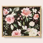 Pink & White Roses On Black Background Watercolor Painting Floral Pattern Serving Tray Gallery Image 1