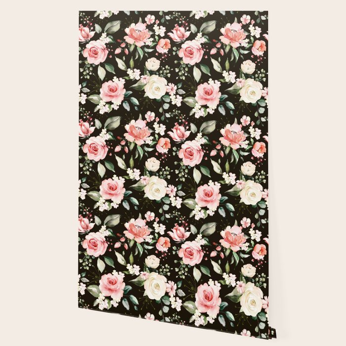 Pink & White Roses On Black Background Watercolor Painting Floral Pattern Wallpaper Gallery Image 2