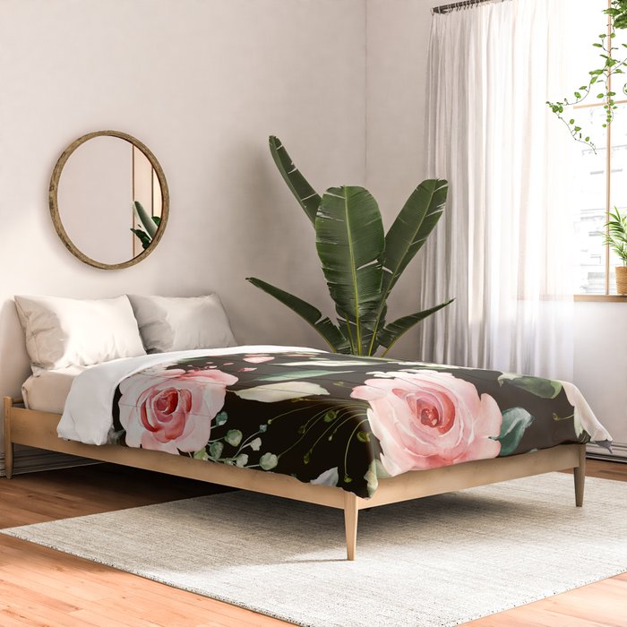 Pink & White Roses On Black Background Watercolor Painting Floral Pattern Comforter Gallery Image 2
