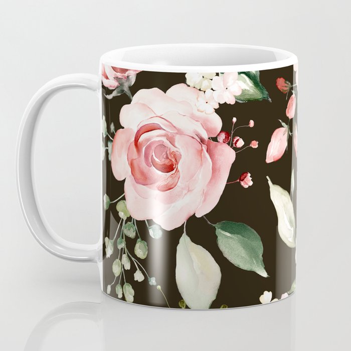 Pink & White Roses On Black Background Watercolor Painting Floral Pattern Coffee Mug Gallery Image 3