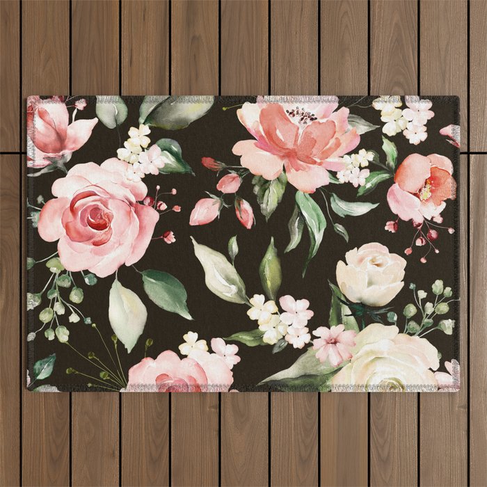 Pink & White Roses On Black Background Watercolor Painting Floral Pattern Outdoor Rug Gallery Image 1