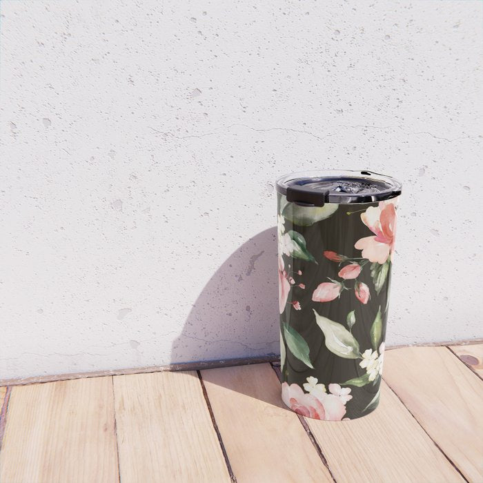 Pink & White Roses On Black Background Watercolor Painting Floral Pattern Travel Mug Gallery Image 4