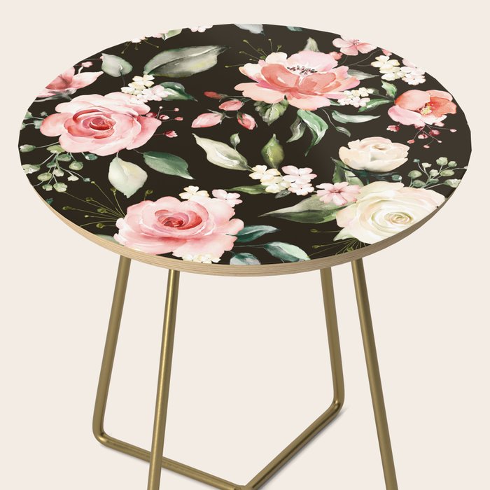 Pink & White Roses On Black Background Watercolor Painting Floral Pattern Side Table Gallery Image 2