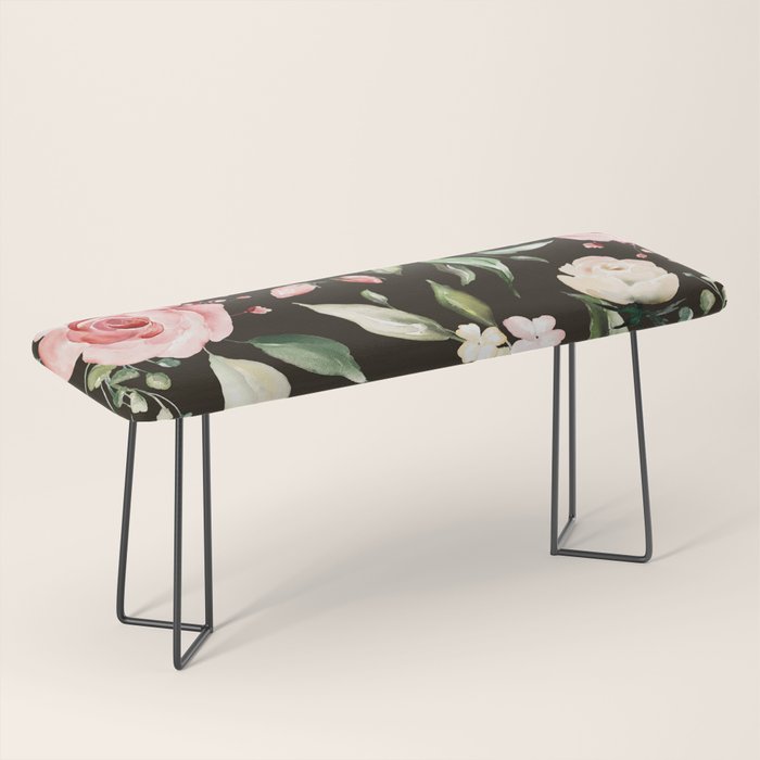 Pink & White Roses On Black Background Watercolor Painting Floral Pattern Bench Gallery Image 1