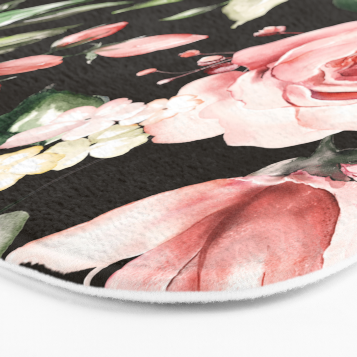 Pink & White Roses On Black Background Watercolor Painting Floral Pattern Bath Mat Gallery Image 3