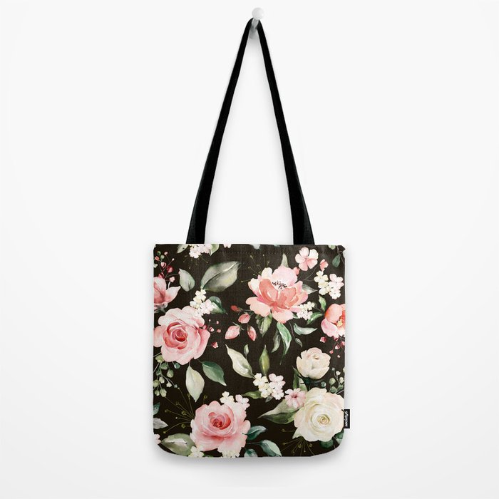 Pink & White Roses On Black Background Watercolor Painting Floral Pattern Tote Bag Gallery Image 2