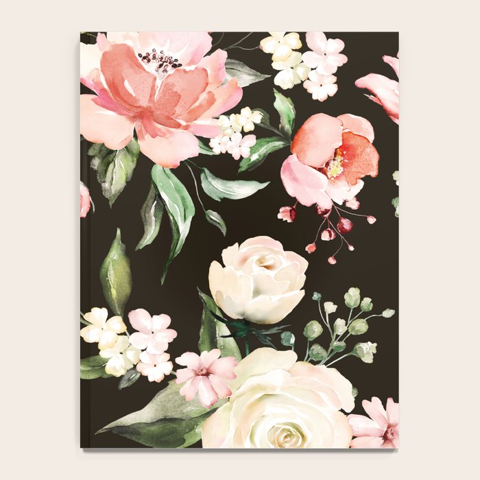 Pink & White Roses On Black Background Watercolor Painting Floral Pattern Notebook Gallery Image 4