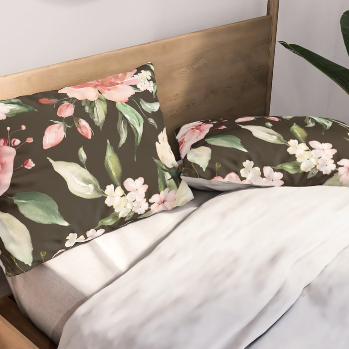 Pink & White Roses On Black Background Watercolor Painting Floral Pattern Pillow Sham Gallery Image 2