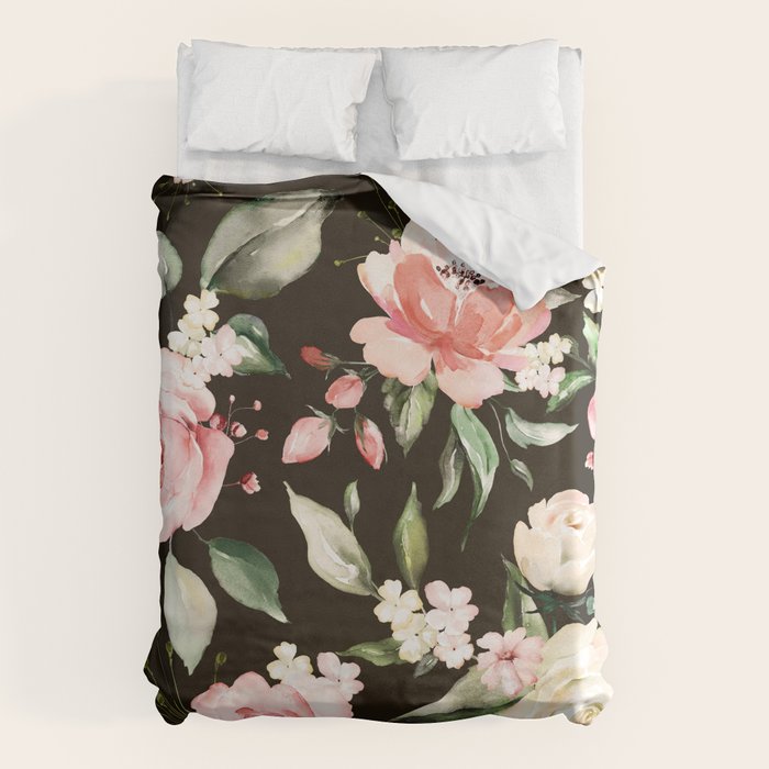 Pink & White Roses On Black Background Watercolor Painting Floral Pattern Duvet Cover Gallery Image 1