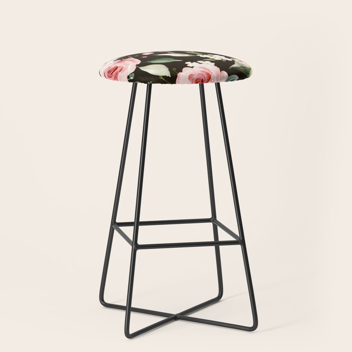 Pink & White Roses On Black Background Watercolor Painting Floral Pattern Stool Gallery Image 1