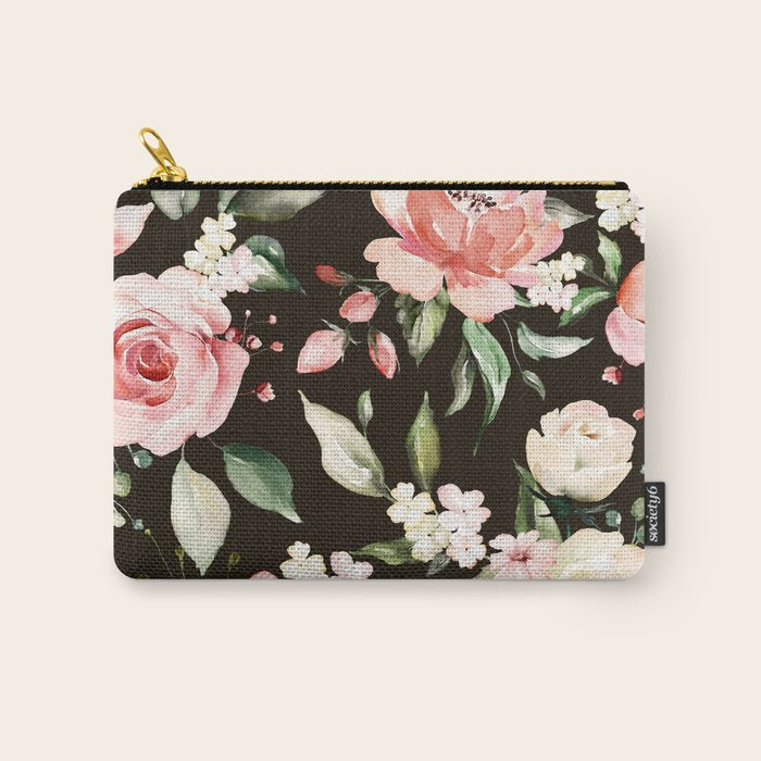 Pink & White Roses On Black Background Watercolor Painting Floral Pattern Carry All Pouch Gallery Image 1