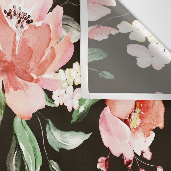 Pink & White Roses On Black Background Watercolor Painting Floral Pattern Wall Tapestry Gallery Image 3