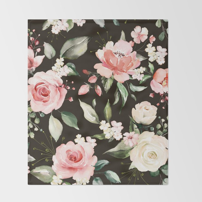 Pink & White Roses On Black Background Watercolor Painting Floral Pattern Throw Blanket Gallery Image 2